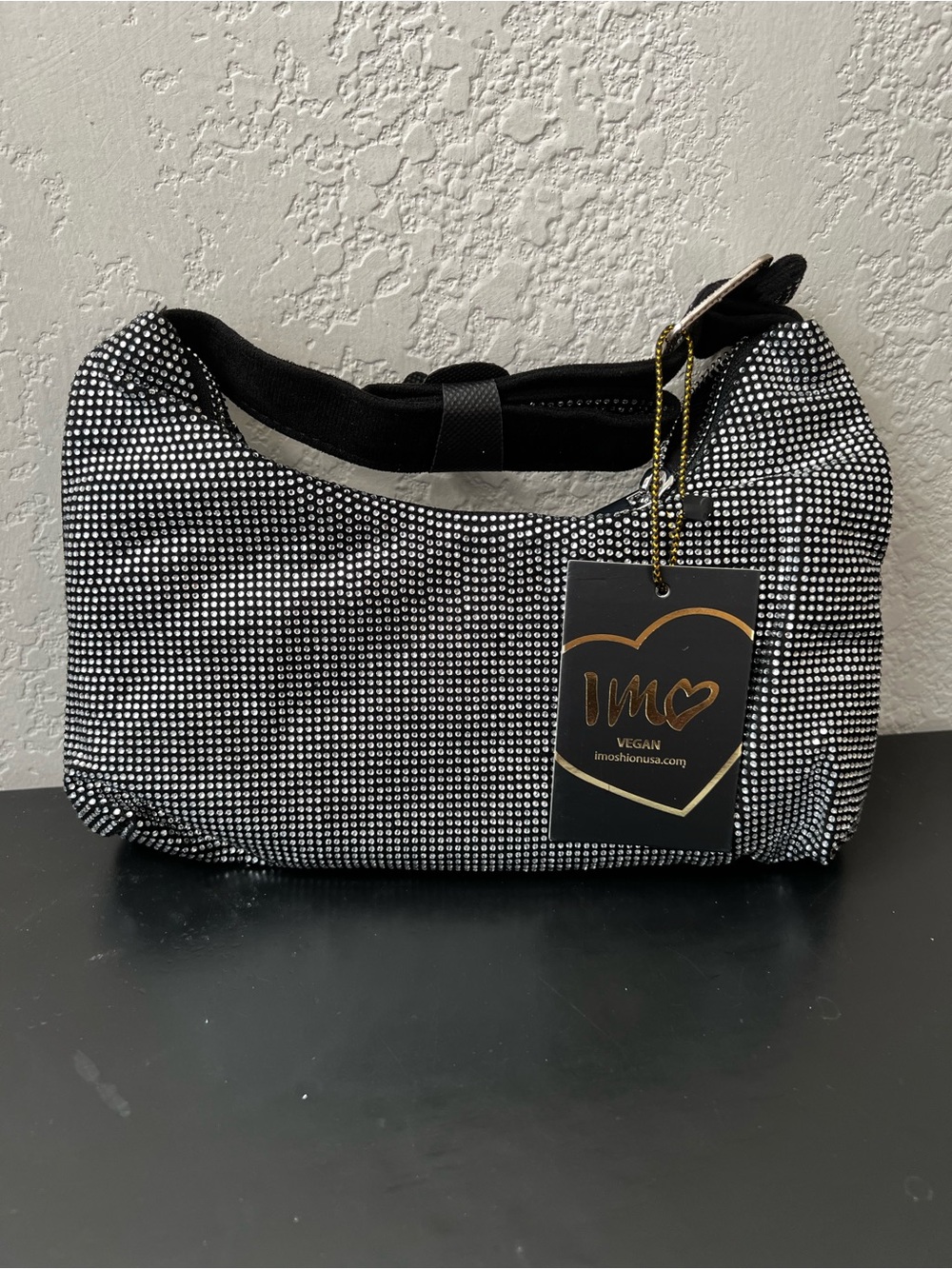 NWT Imoshion Women's Black Shoulder Purse with Silver Rhinestones
